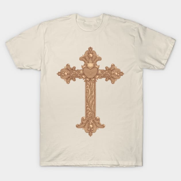 Golden Christian wooden cross with heart and floral ornamental. Easter, symbol of Christianity,. hand drawing vintage engraving style illustration T-Shirt by Ardiyan nugrahanta